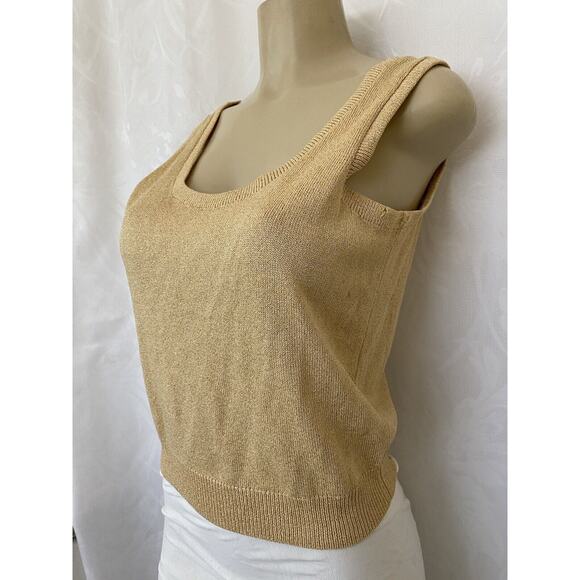St John Santana Knit Shell Tank Top Sleeveless Gold Ribbed Hem Blouse Sc… - Picture 2 of 4